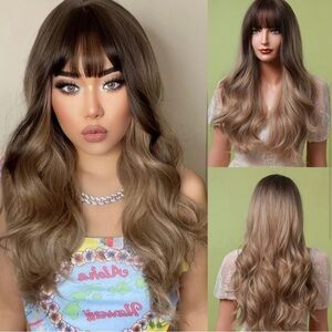 26 Inch Chocolate Brown to blonde Balayage Wavy Wig with bangs for daily…